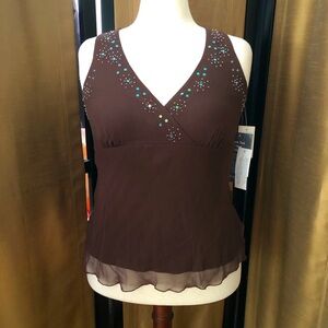 Silk Brown Embellished V-Neck Women's Tank Top